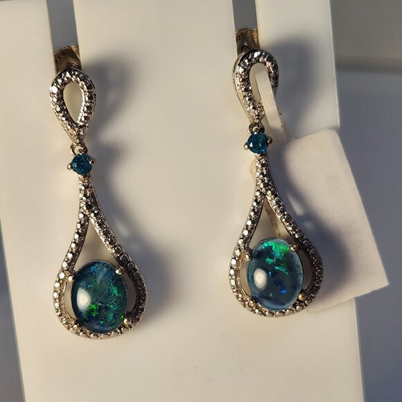 NWT 925 Natural Blue Ridge Opal Triplet & Apatite Art Deco Style Stud Earrings - Picture 2 of 14